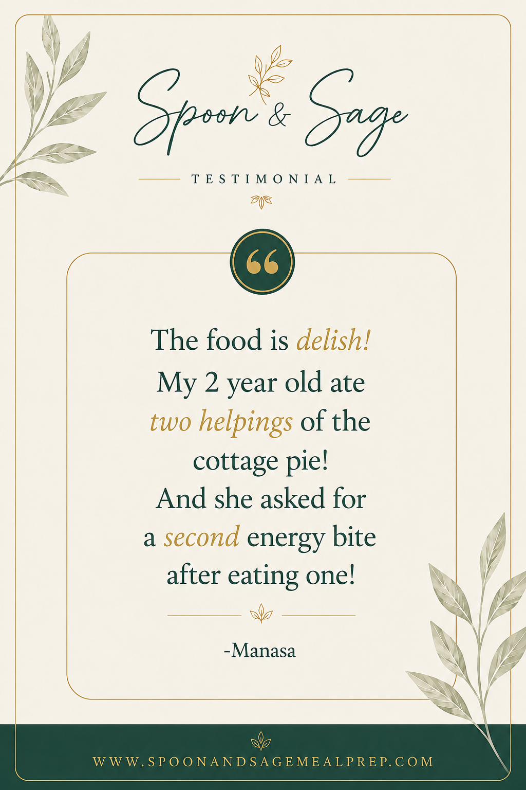 Testimonial from Manasa about Spoon and Sage meals